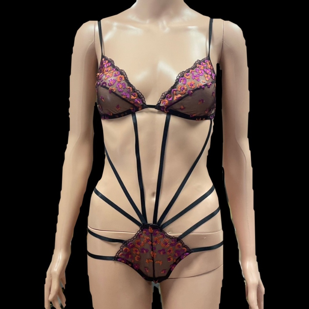 Savage X Fenty Black Orange and Purple Floral Enbroidered Spicy Strappy Bodysuit